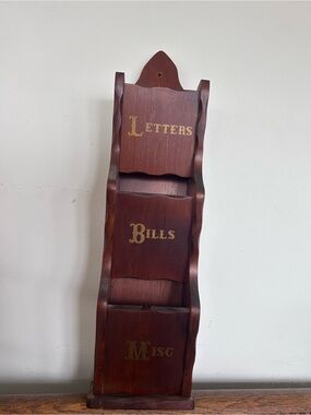 Vintage MCM Wood Wall Mail Organizer - Letters, Bills, Misc - Brown